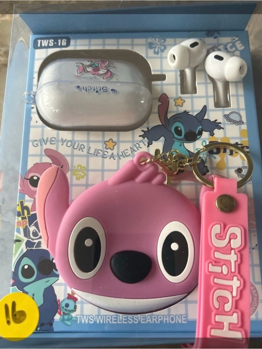 Stitch Pink TWS-16 Wireless Earbuds with Keychain Case